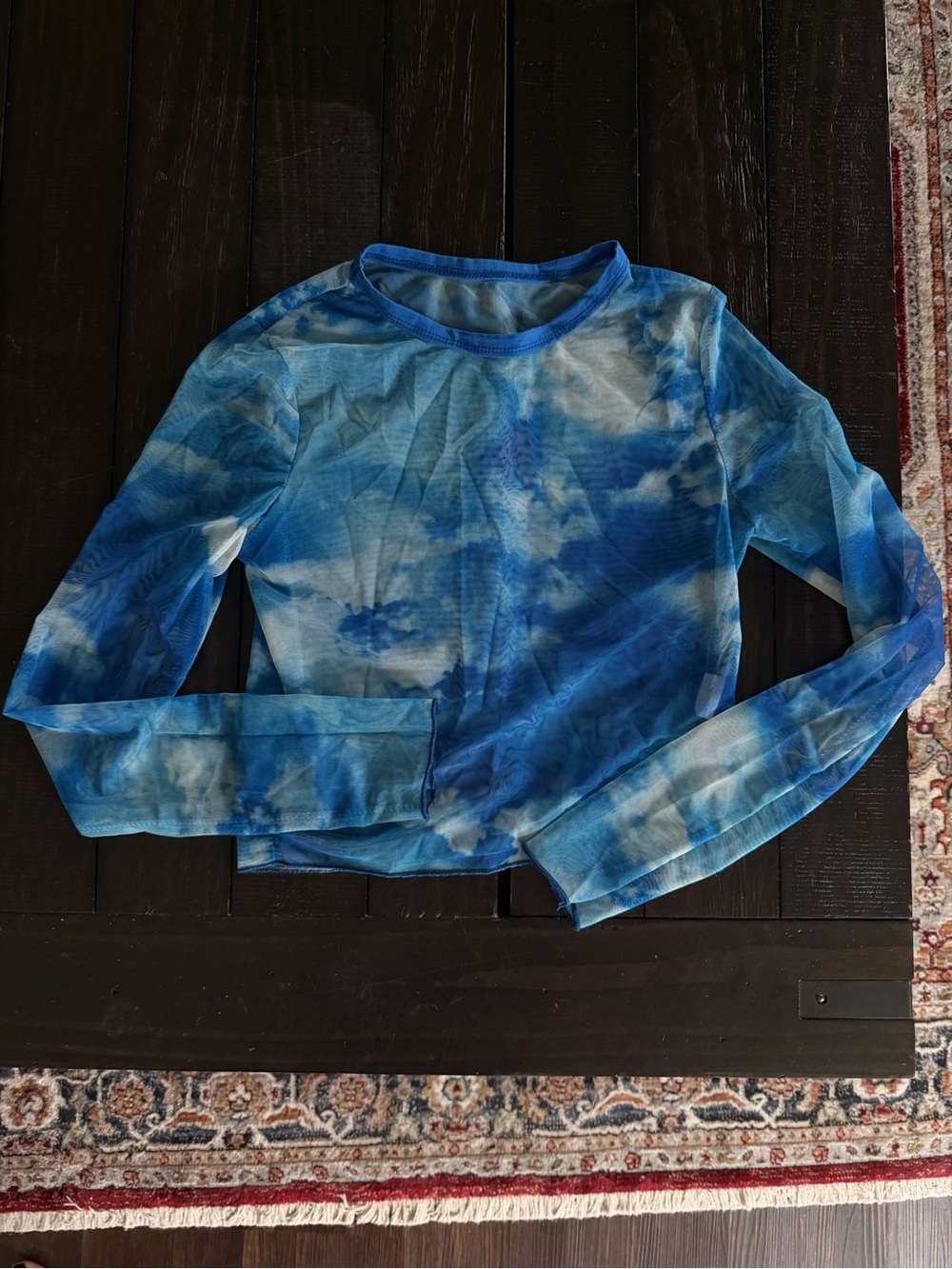 Blue Cloud Print Sheer Mesh Long Sleeve Crop Top